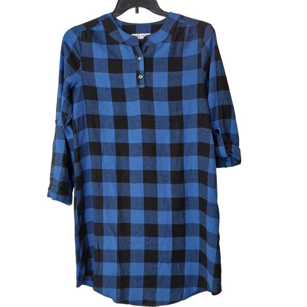 Kate Kasin Medium Blue & Black Plaid Nightshirt Roll Tab Sleeve Henley #D-42
